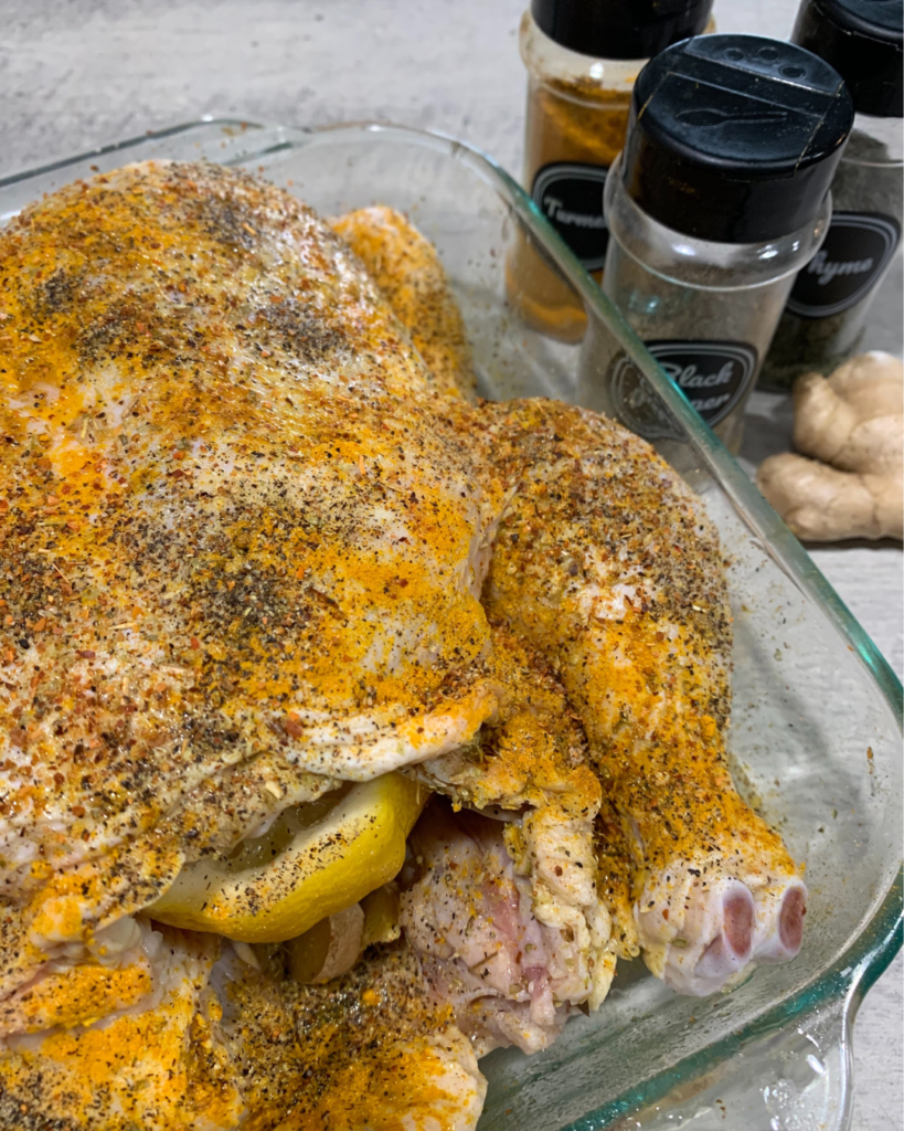Whole Roasted chicken being prepared