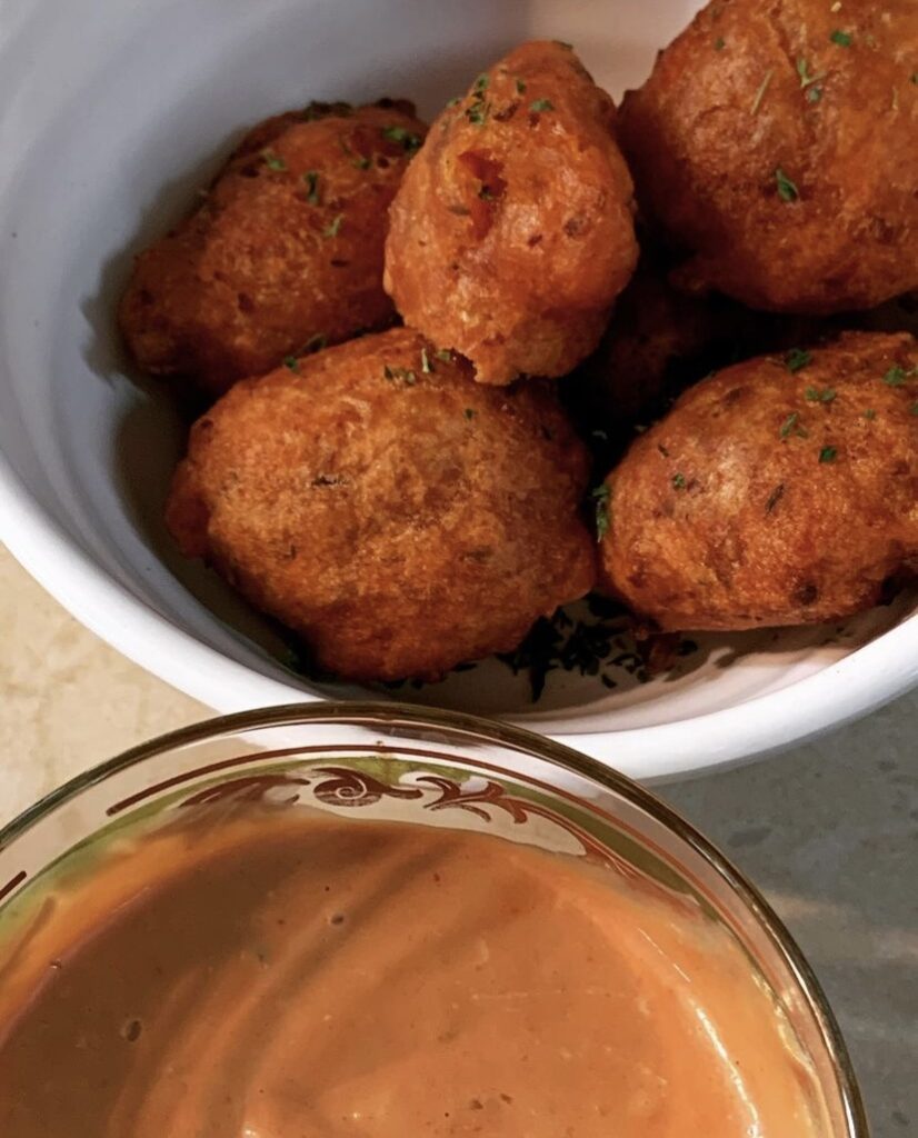 "Conch Fritters with dipping sauce: