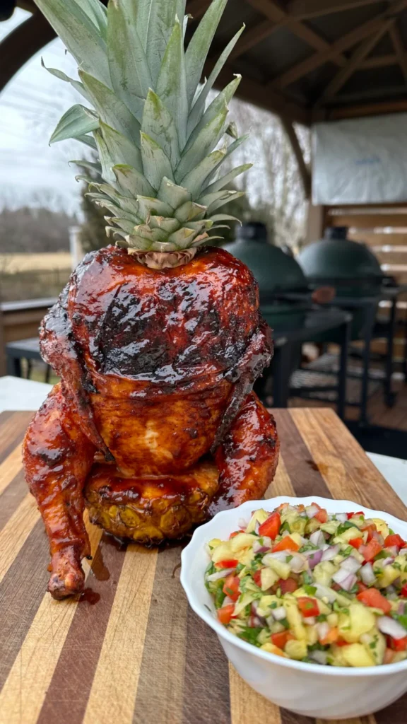 "a whole roasted grilled chicken glazed in pineapple juice with a pineapple salsa and the top of the pineapple at the top