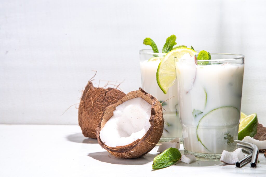 "Bahamas Sky Juice with lemon, mint leaves and coconut"