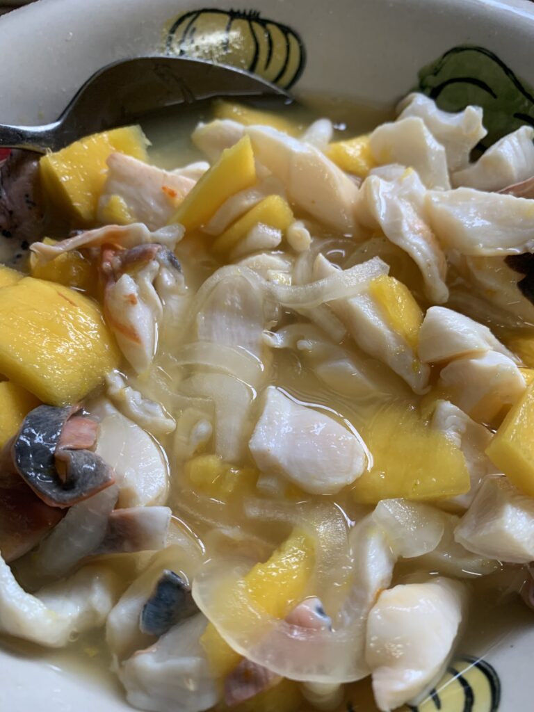 "Conch in a bowl with lemon juice, onions and mangoes with a sp