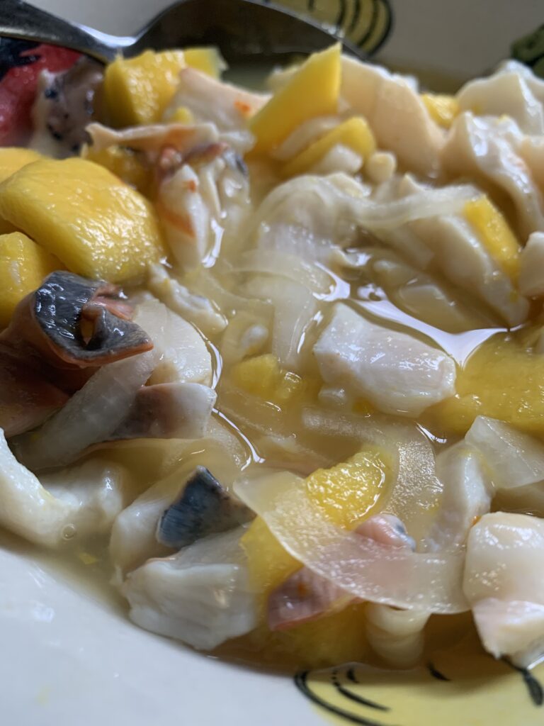 "Conch in a bowl with mango, onions, lime juice and orange juice