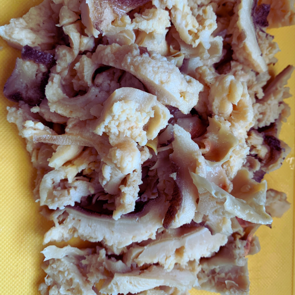 "Cooked and chopped conch on yellow cutting board"