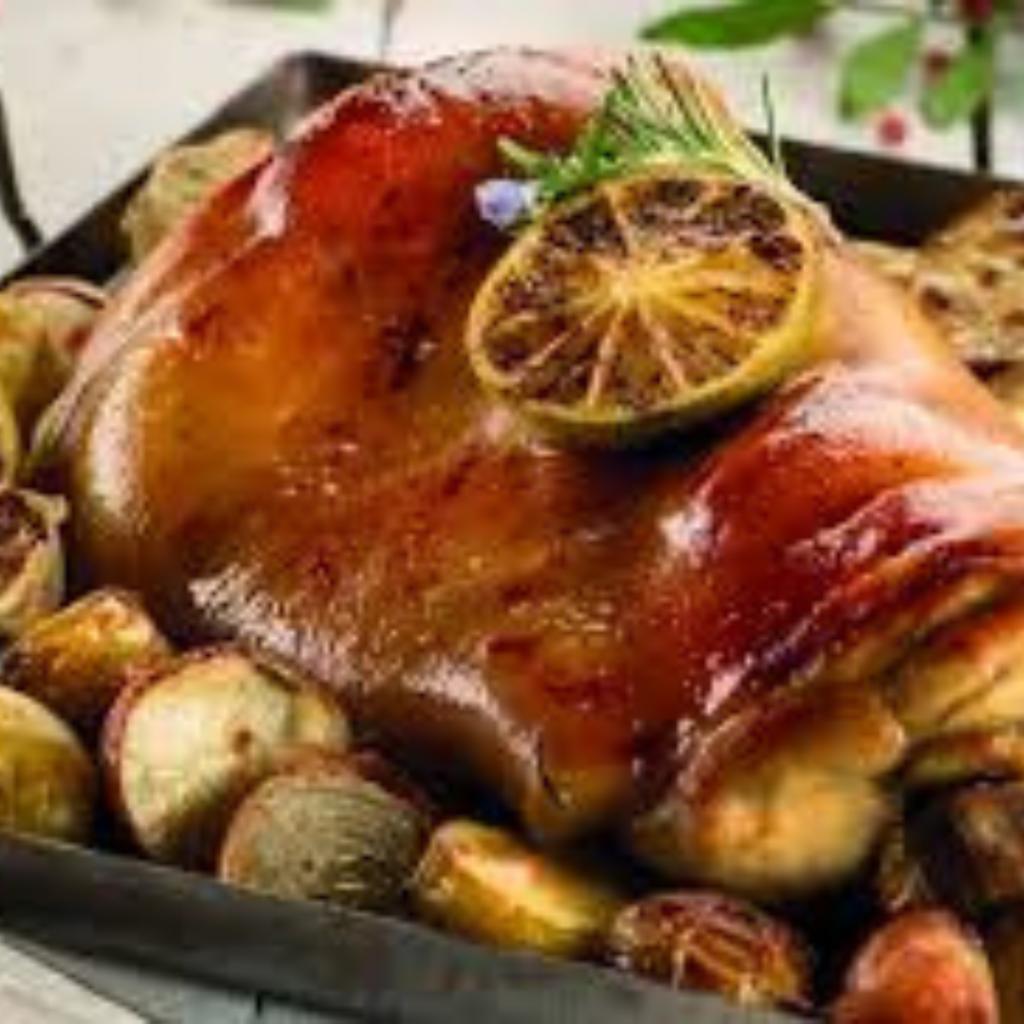 "Roasted whole succulent pig on silver baking tray with potatoes and lemon"