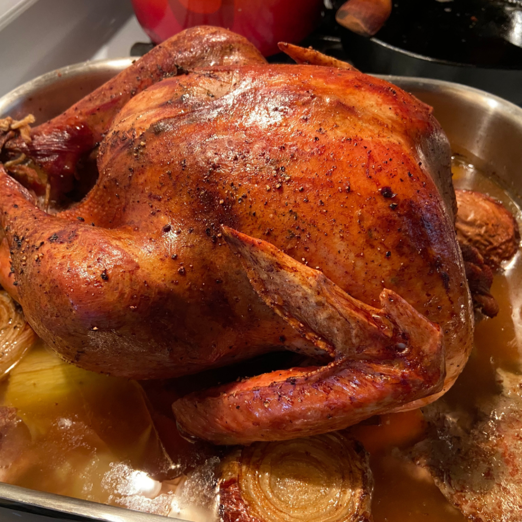 "Roasted turkey in aluminum pan with turkey drippings and onions"