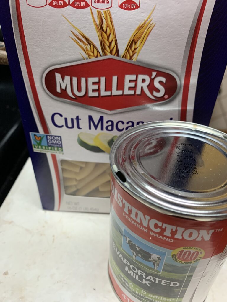 "cut macaroni past and a tine of evaporated milk"