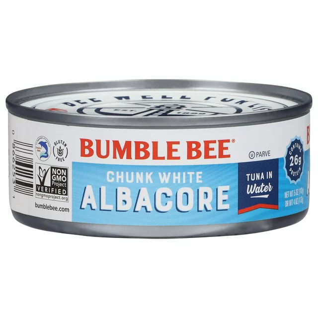 "Bumble canned tuna silver can with blue, light blue and white label"