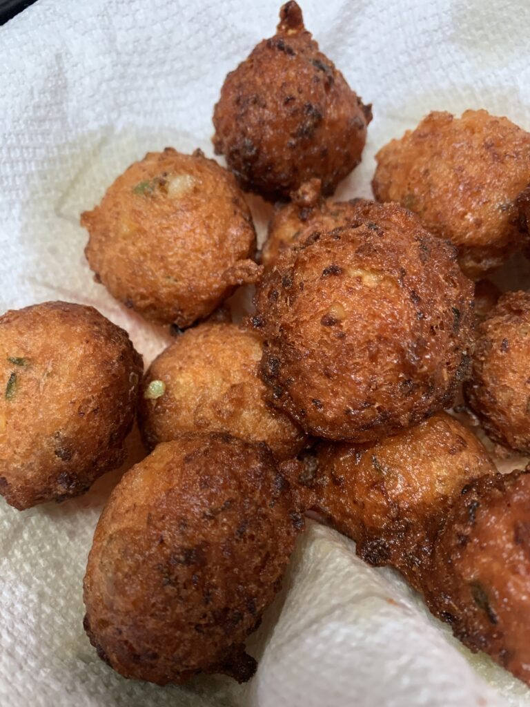 "Bahamian conch fritters on paper towel"