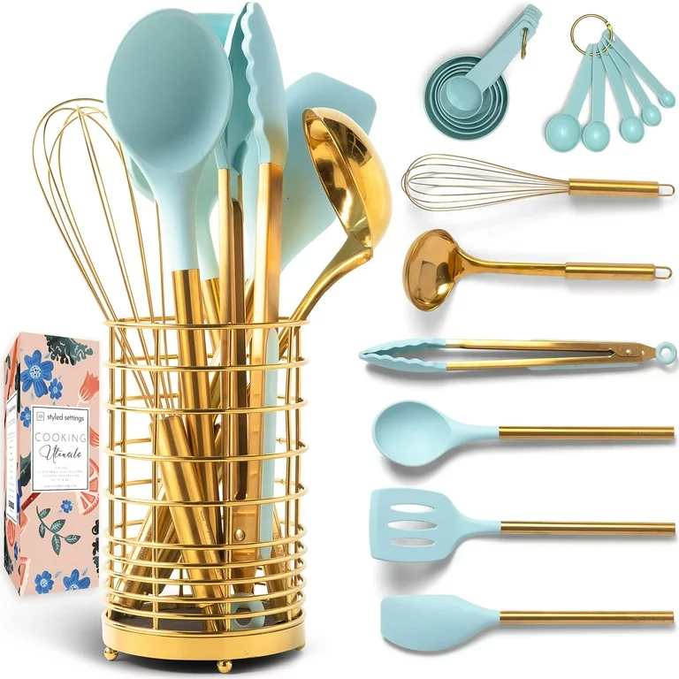 "Kitchen spoons, knives, measuring cups, ladle blue and gold"