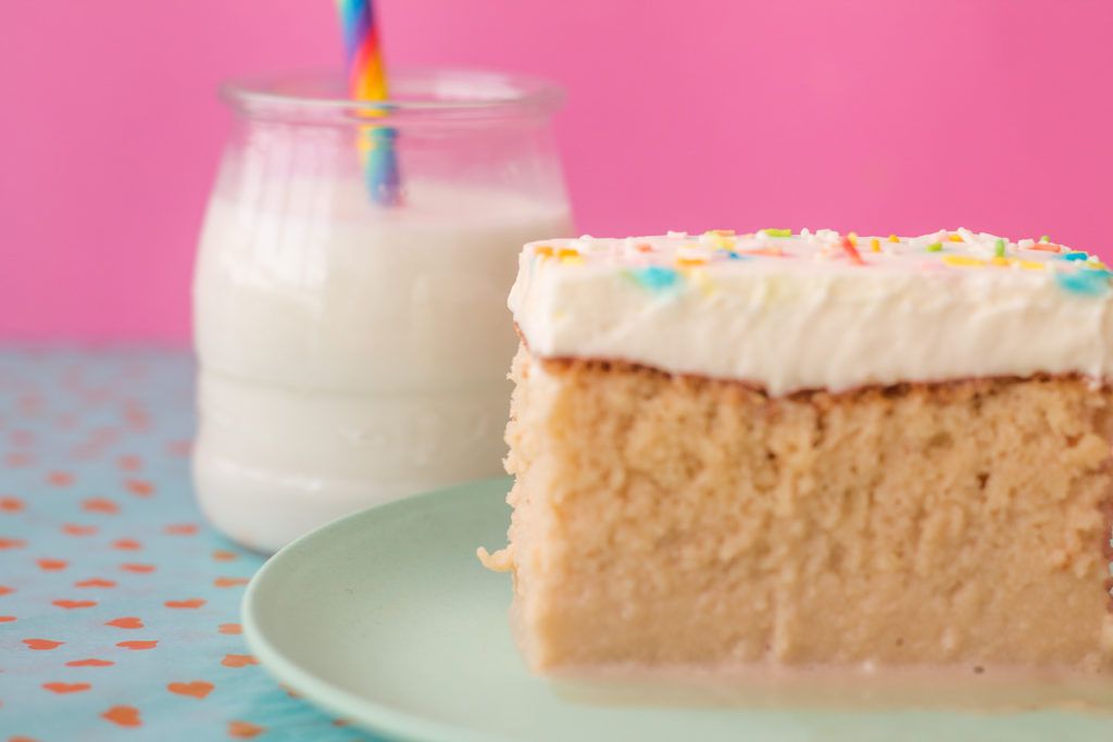 "A piece of vanilla cake with white icing on a mint green plate placed on a green tablecloth with pink dots. A jar of milk in the background with a colorful straw"