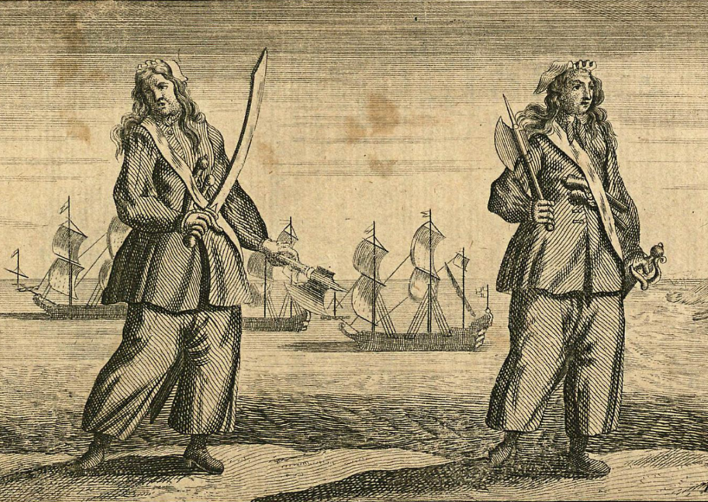 "A black and white sketch photo of a female pirate with boats in the background"