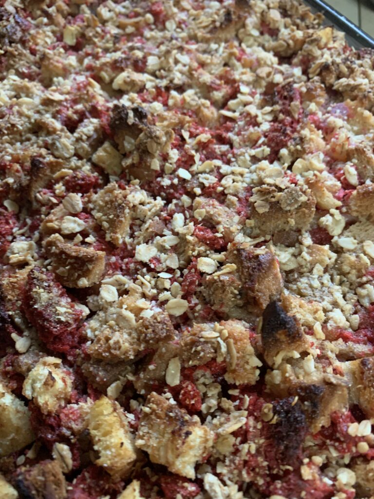 "Bahamian bread pudding out the oven topped with a vanilla granola"