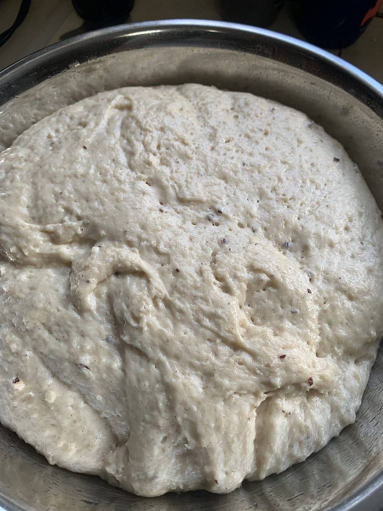 Bread dough rising in a silver pan