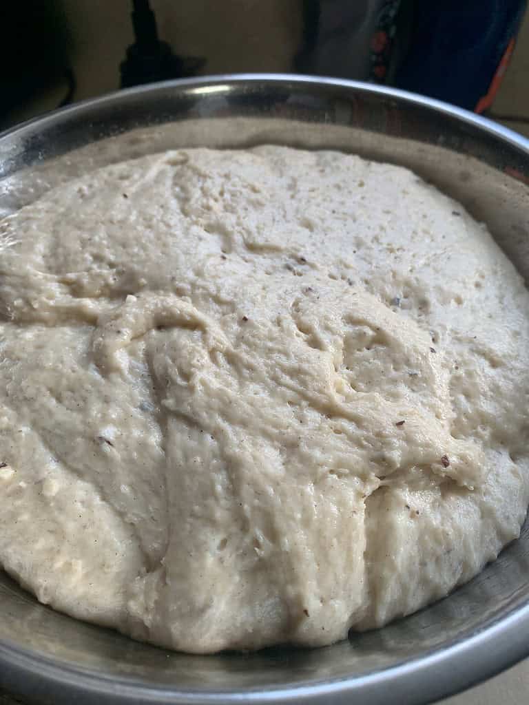 Bread dough in a silver bowl left to rise