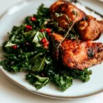 "Roasted Chicken dinner with chicken thighs, legs with greens"