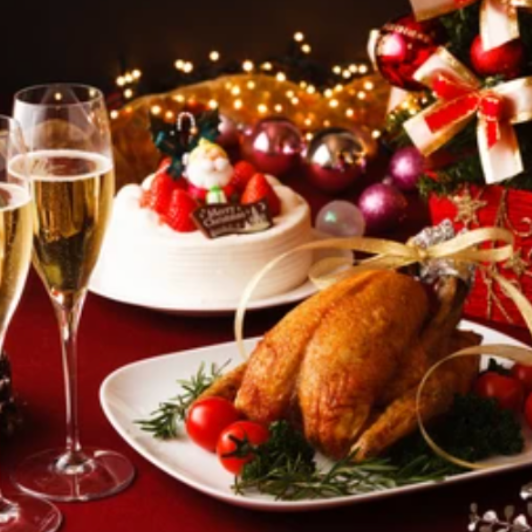 "The Bahamas Christmas traditions with turkey, 2 champagne glasses with christmas decorations