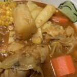 "A bowl of soup with carrots chicken, corn, potatoes, cabbage"
