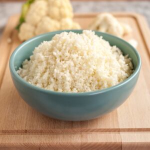 "Grated cauliflower in a blue bowl on a wooden cutting board with cauliflower pieces in the background