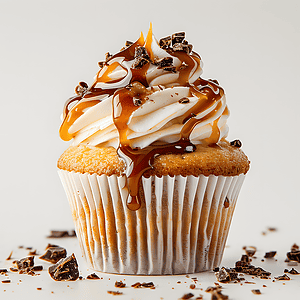 Pumpkin spiced latte cupcakes on a white background with chocolate dusting