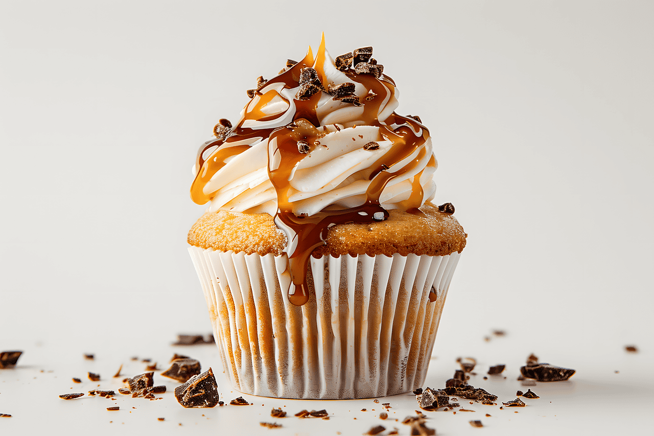 Pumpkin spiced latte cupcakes on a white background with chocolate dusting